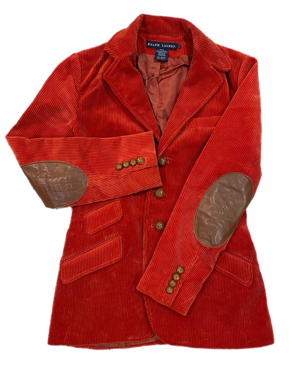 VTG Ralph Lauren Blue Label Corduroy Leather Elbow Red Orange Blazer Jacket 2